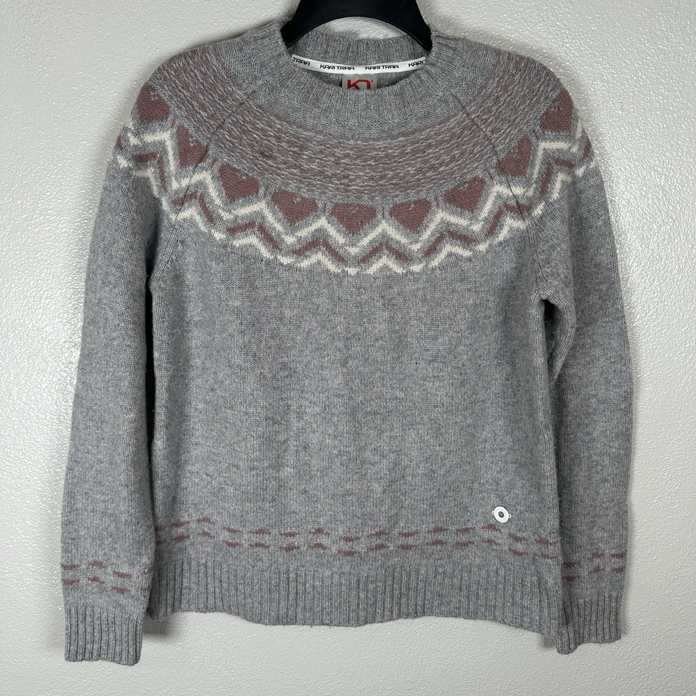 Kari Traa Sundve Knit Wool Blend Sweater Size Small Light Gray Fair Isle Hearts